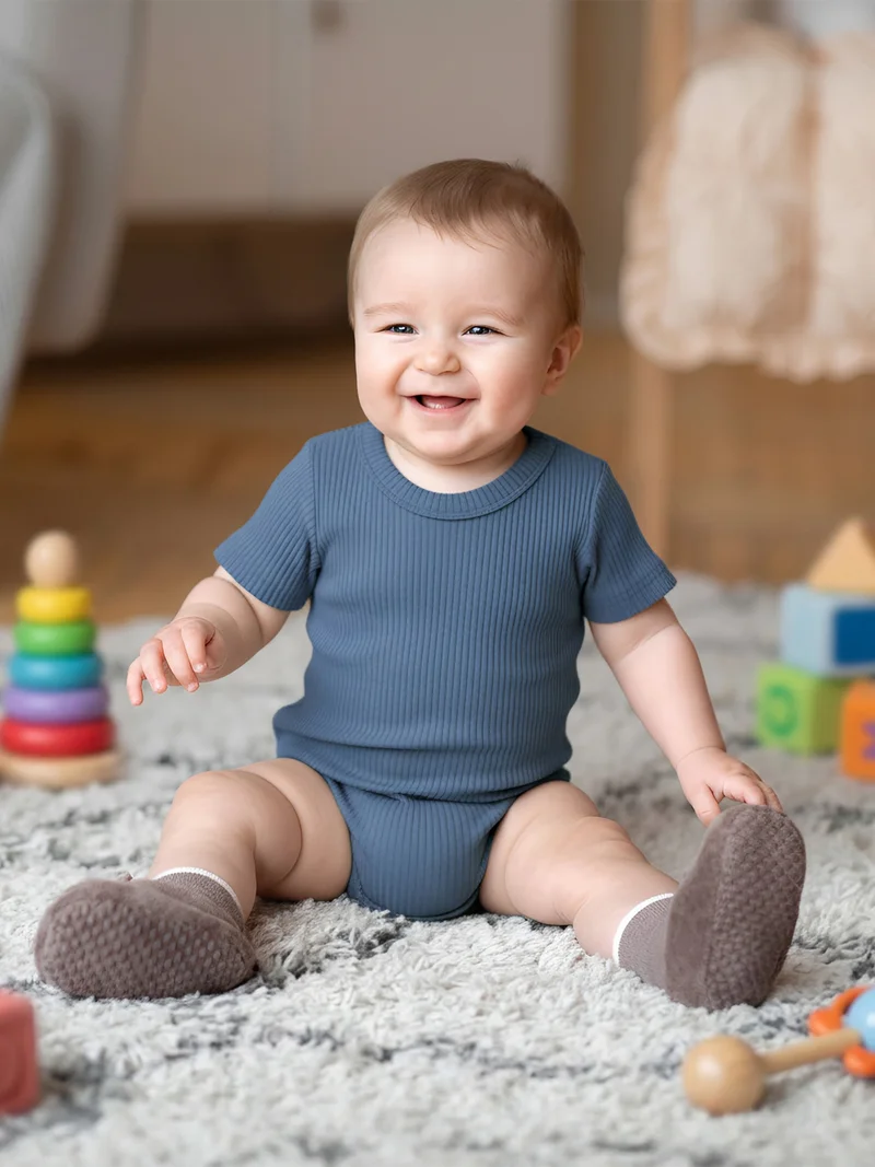 Babies Basic Babies Basic Ribbed Cotton Short Sleeves Romper/ Bodysuit, Green, Blue, Gray